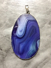 XL Sterling Silver Dipped Blue & Gray Natural Agate GRADE A slice, glass beads circle long oval mandala necklace tree ring striped pendant