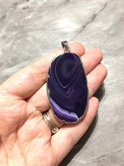 XL Sterling Silver Dipped Purple & Gray Natural Agate GRADE A slice, glass beads circle long oval mandala necklace tree ring striped pendant