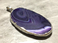 XL Sterling Silver Dipped Purple & Gray Natural Agate GRADE A slice, glass beads circle long oval mandala necklace tree ring striped pendant