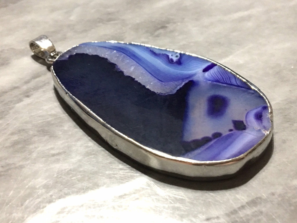 XL Sterling Silver Dipped Blue Purple & Gray Natural Agate GRADE A slice, glass beads circle long oval mandala necklace tree ring pendant