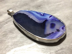 XL Sterling Silver Dipped Blue Purple & Gray Natural Agate GRADE A slice, glass beads circle long oval mandala necklace tree ring pendant