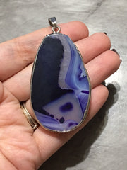 XL Sterling Silver Dipped Blue Purple & Gray Natural Agate GRADE A slice, glass beads circle long oval mandala necklace tree ring pendant