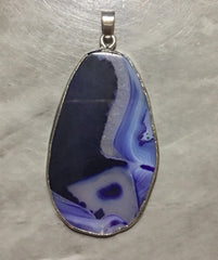XL Sterling Silver Dipped Blue Purple & Gray Natural Agate GRADE A slice, glass beads circle long oval mandala necklace tree ring pendant