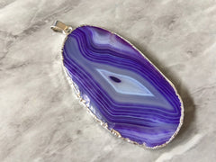 XL Sterling Silver Dipped Purple & Gray Natural Agate GRADE A slice, glass beads circle long oval mandala necklace tree ring striped pendant