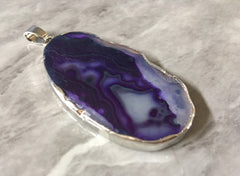 XL Sterling Silver Dipped Purple & Gray Natural Agate GRADE A slice, glass beads circle long oval mandala necklace tree ring striped pendant