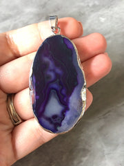 XL Sterling Silver Dipped Purple & Gray Natural Agate GRADE A slice, glass beads circle long oval mandala necklace tree ring striped pendant