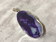 XL Sterling Silver Dipped Purple & Gray Natural Agate GRADE A slice, glass beads circle long oval mandala necklace tree ring striped pendant