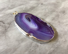 XL Sterling Silver Dipped Purple & Gray Natural Agate GRADE A slice, glass beads circle long oval mandala necklace tree ring striped pendant