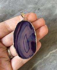 XL Sterling Silver Dipped Purple & Gray Natural Agate GRADE A slice, glass beads circle long oval mandala necklace tree ring striped pendant