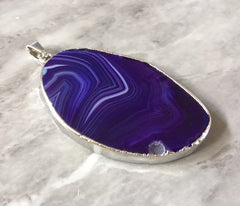 XL Sterling Silver Dipped Purple & Gray Natural Agate GRADE A slice, glass beads circle long oval mandala necklace tree ring striped pendant
