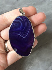 XL Sterling Silver Dipped Purple & Gray Natural Agate GRADE A slice, glass beads circle long oval mandala necklace tree ring striped pendant