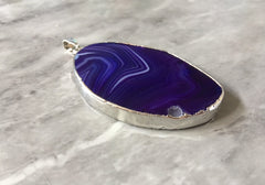 XL Sterling Silver Dipped Purple & Gray Natural Agate GRADE A slice, glass beads circle long oval mandala necklace tree ring striped pendant
