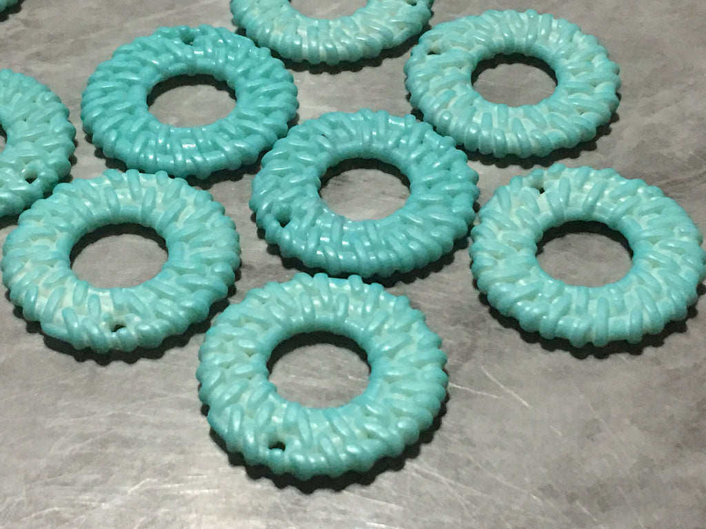Teal Blue Ratton Acrylic Beads, circle cutout acrylic 32mm Earring Necklace pendant bead, one hole at top DIY blanks rattan straw hay