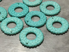 Teal Blue Ratton Acrylic Beads, circle cutout acrylic 32mm Earring Necklace pendant bead, one hole at top DIY blanks rattan straw hay