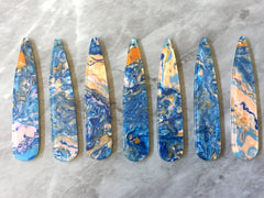Peach Blue & Gold swirly mosaic resin oil Beads, long skinny acrylic 56mm drop Earring or Necklace pendant bead, one hole at top jewelry