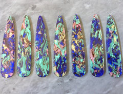 Purple Green & Gold swirly mosaic resin oil Beads, long skinny acrylic 56mm drop Earring or Necklace pendant bead, one hole at top jewelry