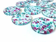Green + Pink “Sorority Party” Boho Confetti Acrylic Resin Beads, round cutout 30mm Earring Necklace pendant one hole DIY blanks acetate