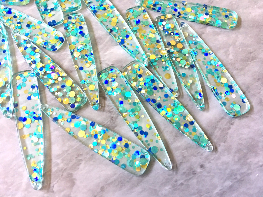 Mint + Blue “Shoreline Party” Boho Confetti Acrylic Resin Beads, teardrop cutout 56mm Earring Necklace pendant bead DIY blanks acetate