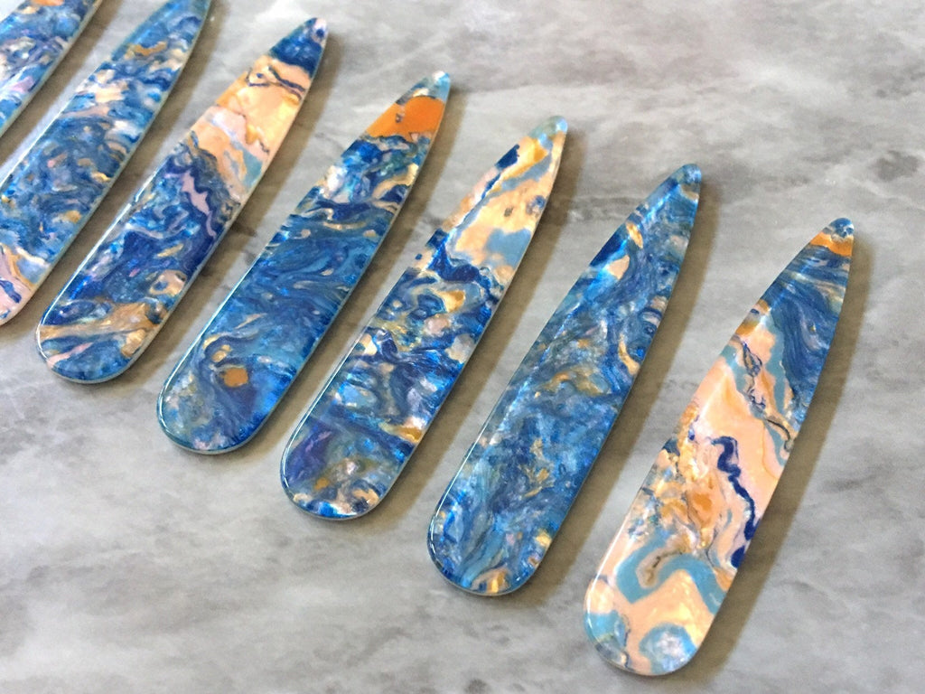 Peach Blue & Gold swirly mosaic resin oil Beads, long skinny acrylic 56mm drop Earring or Necklace pendant bead, one hole at top jewelry