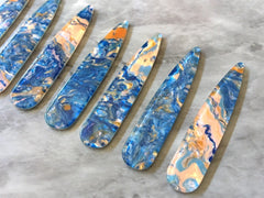 Peach Blue & Gold swirly mosaic resin oil Beads, long skinny acrylic 56mm drop Earring or Necklace pendant bead, one hole at top jewelry