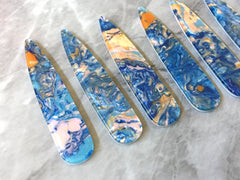 Peach Blue & Gold swirly mosaic resin oil Beads, long skinny acrylic 56mm drop Earring or Necklace pendant bead, one hole at top jewelry