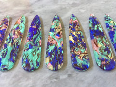 Purple Green & Gold swirly mosaic resin oil Beads, long skinny acrylic 56mm drop Earring or Necklace pendant bead, one hole at top jewelry