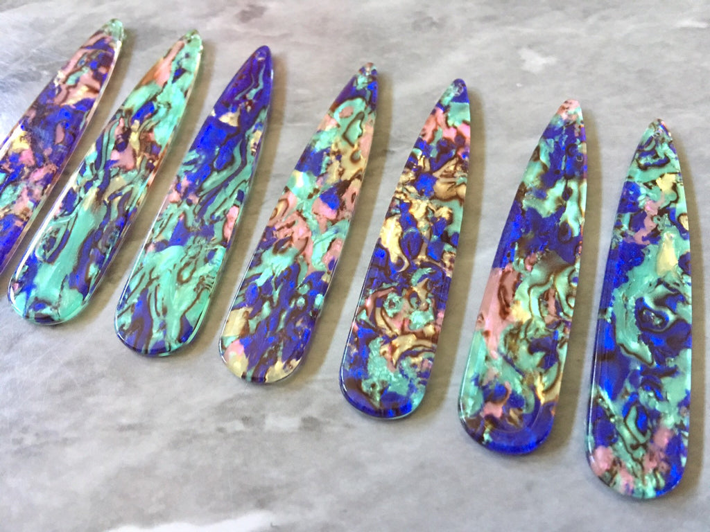 Purple Green & Gold swirly mosaic resin oil Beads, long skinny acrylic 56mm drop Earring or Necklace pendant bead, one hole at top jewelry