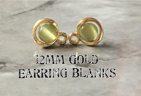 12mm gold + green cats eye post earring circle blanks, gold drop earring, gold stud earring, gold jewelry, gold dangle DIY earring making