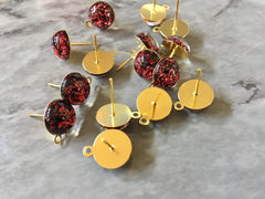Red & Gold 14mm post earring circle blanks, gold drop earring, gold stud earring, gold jewelry, gold dangle DIY earring making metallic