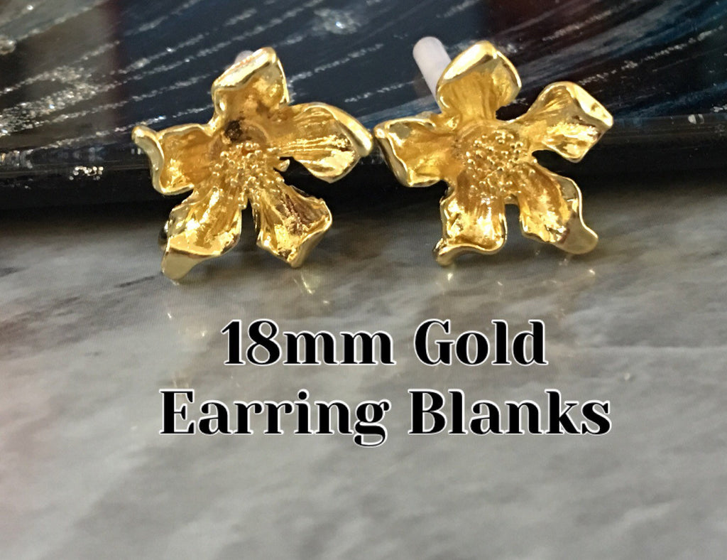 18mm Gold Flower post earring blanks, gold drop earring, gold stud earring, gold jewelry, gold dangle DIY earring making Statement
