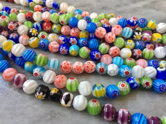 SALE Round Handmade Millefiori Glass Beads Strands, colorful starburst beads, rainbow glass beads clearance wholesale