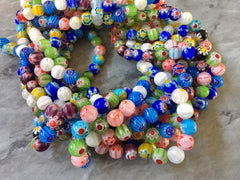 SALE Round Handmade Millefiori Glass Beads Strands, colorful starburst beads, rainbow glass beads clearance wholesale