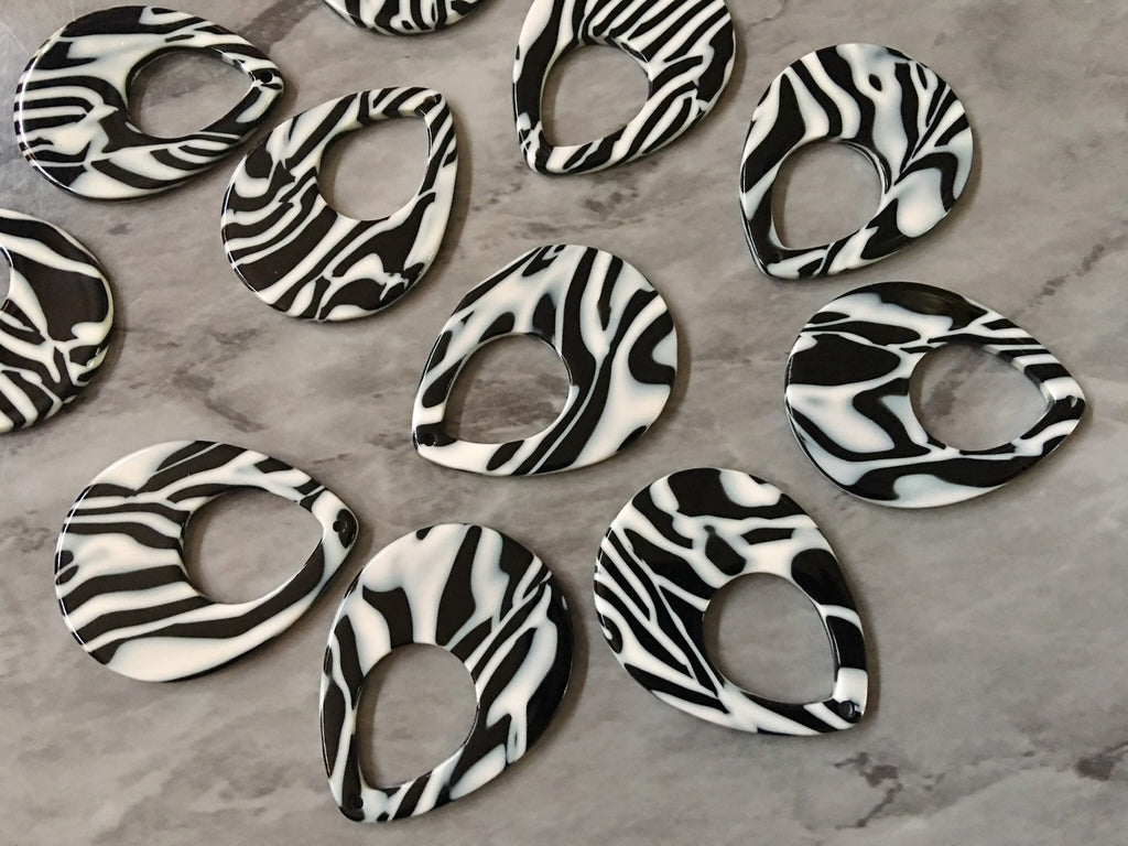 Black & White Resin Beads, Teardrop shape acrylic 38mm Long Earring or Necklace pendant bead, one hole white jewelry zebra animal print