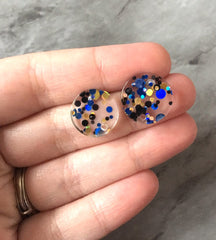Black + Blue VIP Party 16mm confetti circle post earring circle blanks, gold drop earring stud earring, jewelry dangle DIY making