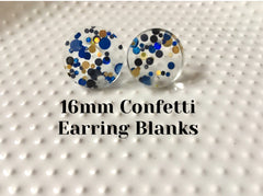 Black + Blue VIP Party 16mm confetti circle post earring circle blanks, gold drop earring stud earring, jewelry dangle DIY making