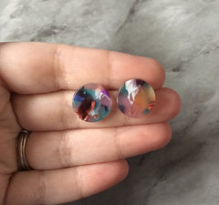 Rainbow Jewel mosaic Clear 15mm confetti circle post earring circle blanks, drop earring stud earring, jewelry dangle DIY earring making