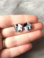 Black + White mosaic 13mm confetti circle post earring blanks, drop earring stud earring, jewelry dangle DIY earring making