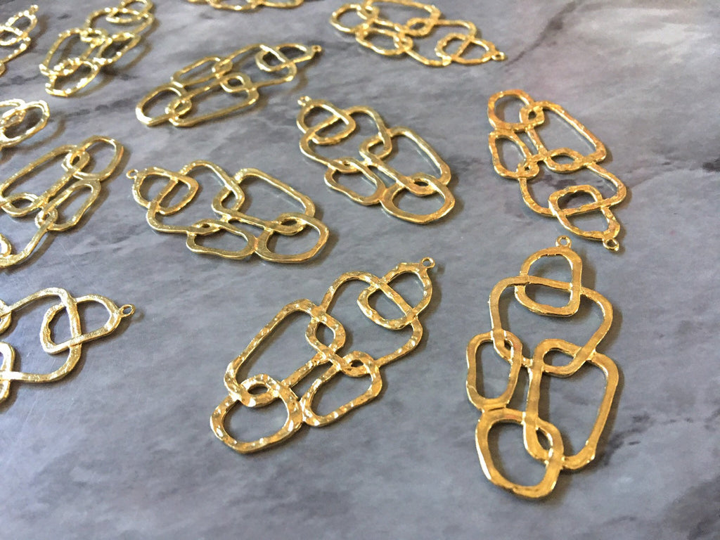 Gold Abstract Art metal earring Beads, 41mm hammered cutout Necklace pendant bead, one hole at top DIY blanks, gold metal blanks