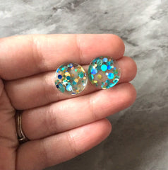 Mint + Blue Shoreline Party 16mm confetti circle post earring circle blanks, gold drop earring stud earring, jewelry dangle DIY making