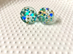 Mint + Blue Shoreline Party 16mm confetti circle post earring circle blanks, gold drop earring stud earring, jewelry dangle DIY making