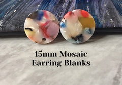 Rainbow mosaic Clear 15mm confetti circle post earring circle blanks, drop earring stud earring, jewelry dangle DIY earring making