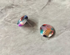 Rainbow Jewel mosaic Clear 15mm confetti circle post earring circle blanks, drop earring stud earring, jewelry dangle DIY earring making
