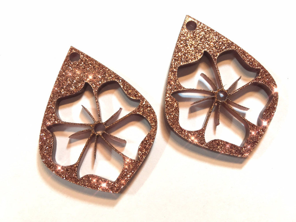 Rosegold GLITTER Beads, Hawaiian Flower teardrop cutout acrylic 51mm Earring Necklace pendant bead, one hole at top DIY blanks drop dangle