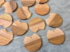 Wood Grain + creamy Peach resin Beads, round cutout acrylic 37mm Earring Necklace pendant bead, one hole at top DIY wooden blanks brown