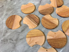 Wood Grain + creamy Peach resin Beads, round cutout acrylic 37mm Earring Necklace pendant bead, one hole at top DIY wooden blanks brown