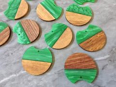 Wood Grain + creamy Green resin Beads, round cutout acrylic 37mm Earring Necklace pendant bead, one hole at top DIY wooden blanks brown