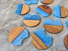 Wood Grain + creamy Blue resin Beads, round cutout acrylic 37mm Earring Necklace pendant bead, one hole at top DIY wooden blanks brown
