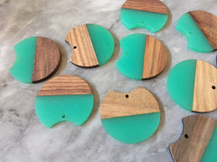 Wood Grain + Green resin Beads, round cutout acrylic 37mm Earring Necklace pendant bead, one hole at top DIY wooden blanks brown