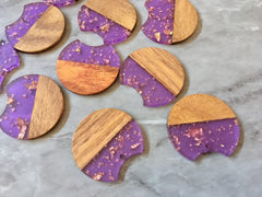wood Grain + purple gold foil resin Beads, round cutout acrylic 37mm Earring Necklace pendant bead, one hole at top DIY wooden blanks