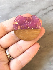 wood Grain + purple gold foil resin Beads, round cutout acrylic 37mm Earring Necklace pendant bead, one hole at top DIY wooden blanks